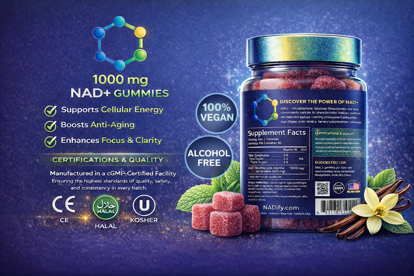 NADify NAD+ Gummies — 1000mg Nicotinamide Adenine Dinucleotide Supplement